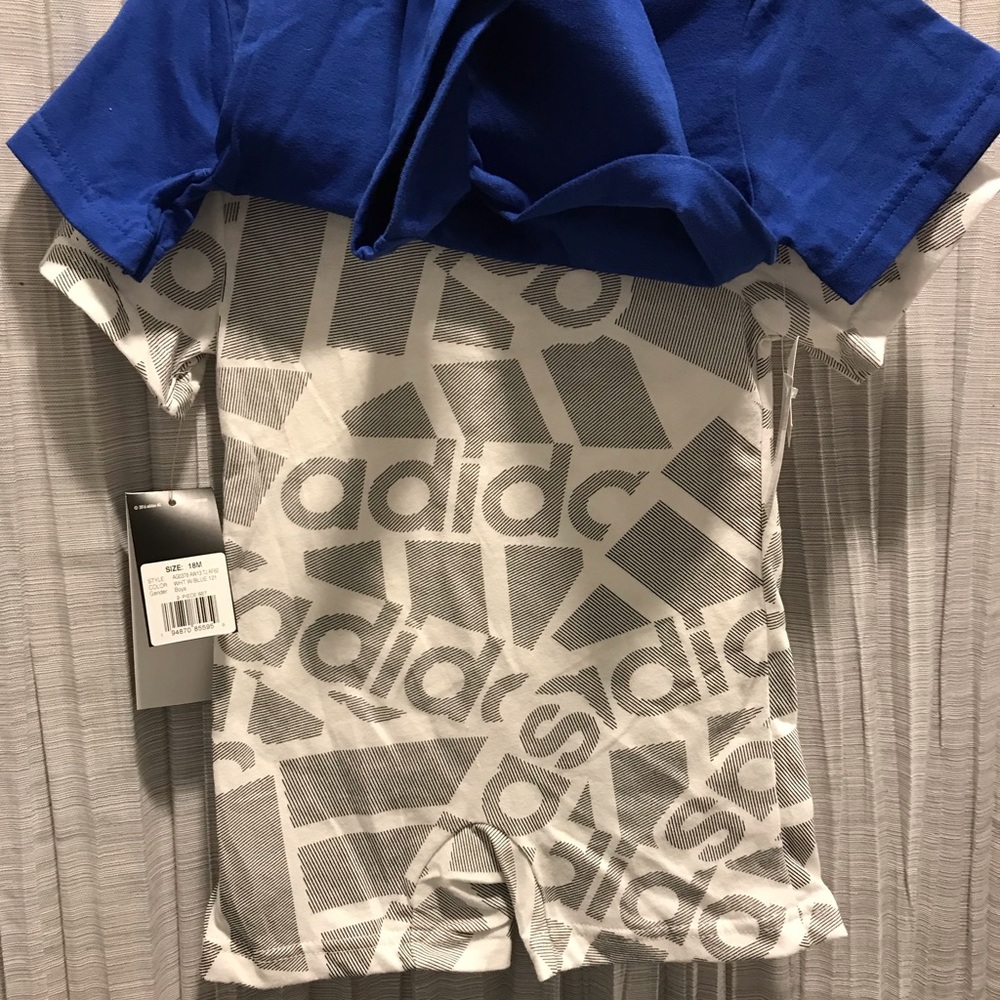 ADIDAS BOY 18 M BLACK SHORT & TEE SET & BLUE ONE PIECE & GRAY PRINT ONE PIECE - Picture 3 of 13
